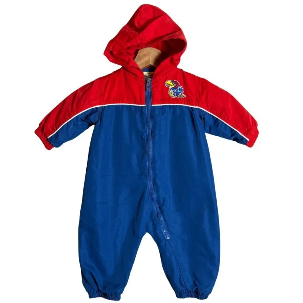 Vtg University of Kansas Jayhawks KU Snowsuit Windbreaker Romper 6-9 MO Blue Red